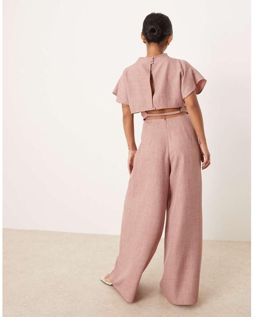 ASOS Pink Asos Design Petite Linen Look Open Back And Ruched Detail Jumpsuit