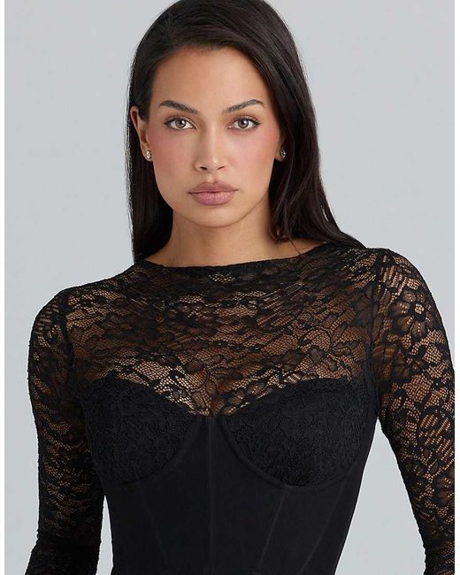House Of Cb Black Shiloh Lace Long Sleeved Corset Maxi Dress