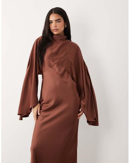 ASOS Brown Funnel Neck Satin Maxi Dress With exaggerated Sleeves