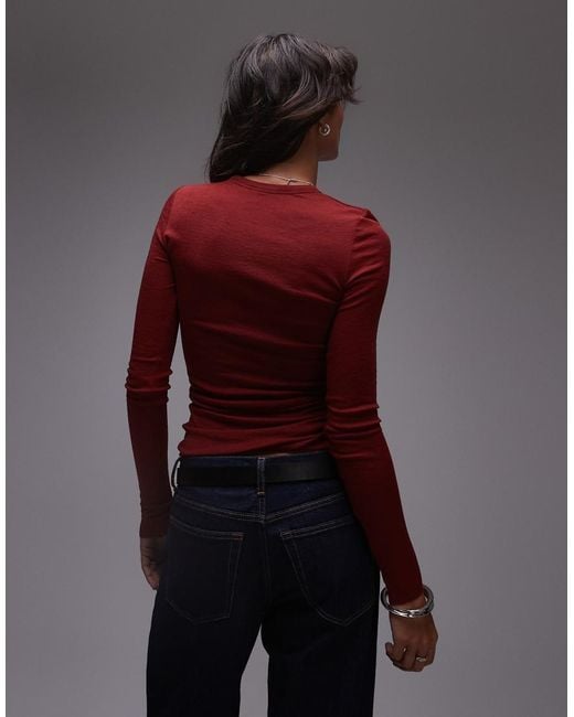 ARKET Red Merino Wool Knitted Rib Long Sleeve Top With Scoop Neck