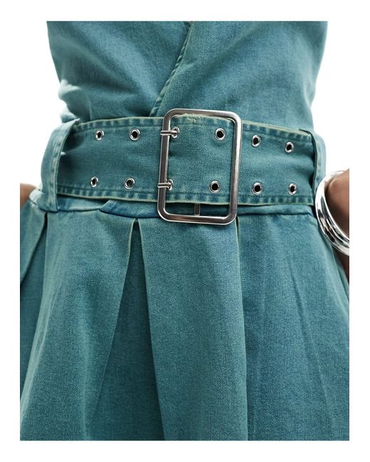Annorlunda Blue Plunge Front Buckle Detail Denim Mini Dress