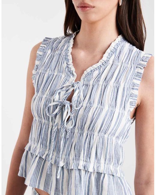 ONLY Blue Linen Blend Tie Front Ruched Top Co-ord