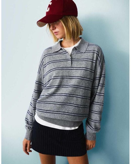 Bershka Gray Polo Collar Sweater