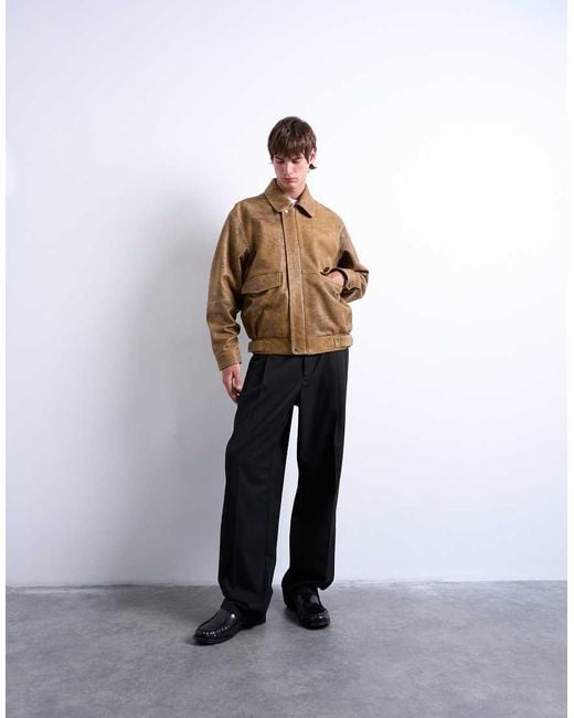 Topman Brown Real Leather Double Pocket Coat for men