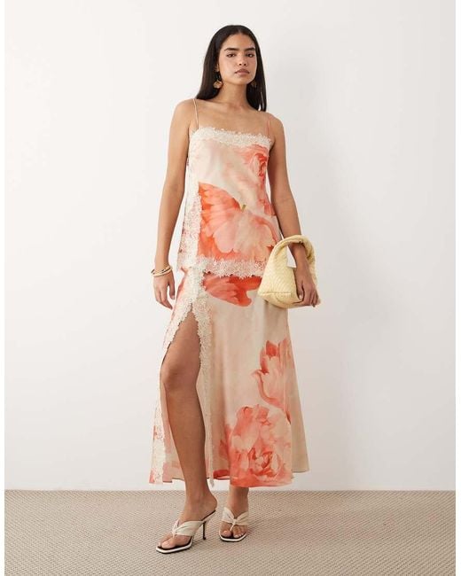 ASOS Pink Satin Cami Bias Double Layer Lace Applique Maxi Dress