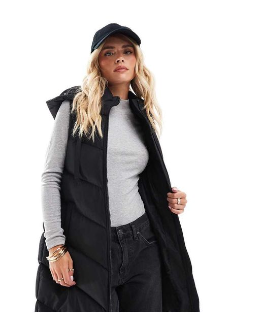 Threadbare Black Petite Longline Padded Gilet With Hood