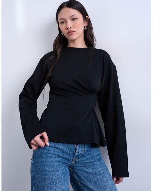 TOPSHOP Blue Cinch Waist Structured Long Sleeve Tee