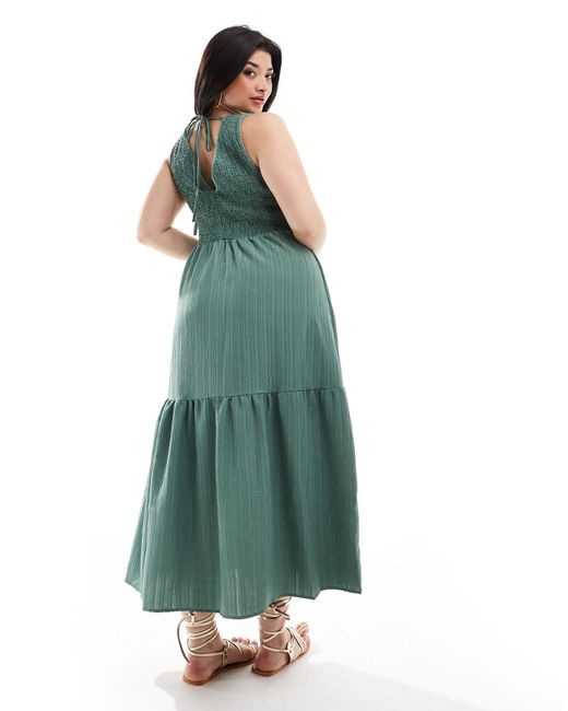 ASOS Green Asos Design Curve V-neck Crinkle Midi Sundress With Tiered Skirt