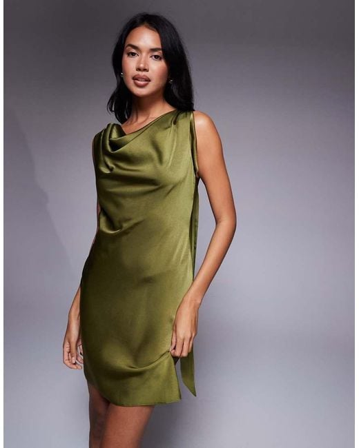 ASOS Green Satin Drape Neckline Mini Dress With Long Tie Back Detail And Slit