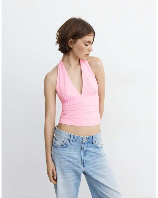 Pull&Bear Pink Halter Neck Top With Gathering
