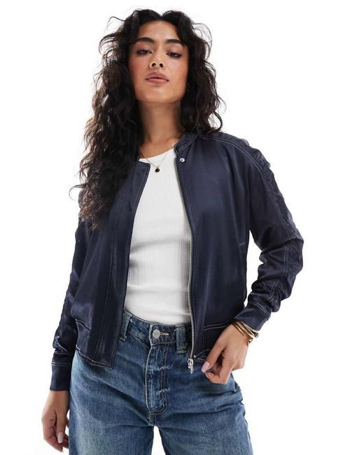 French Connection Blue Akita Ruched Sleeve Satin Bomber Jacket