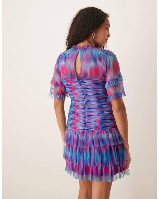ANAYA Blue Abstract Watercolour Gathered Mini Dress