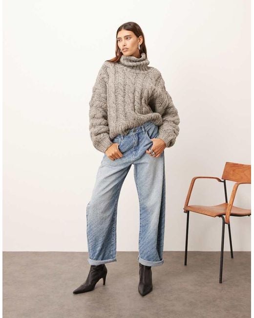 ARRANGE Brown Hand Knit High Neck Cable Knit Sweater