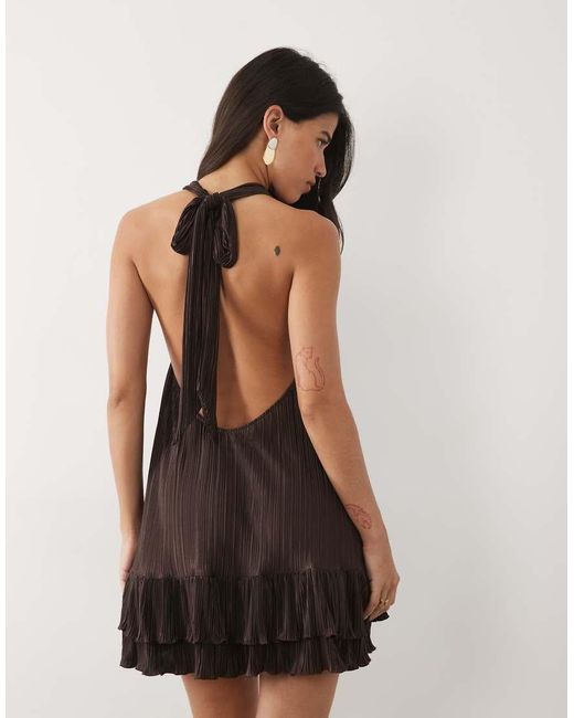 ASOS Black Plisse Halter Neck Mini Dress With Ruffle Hem