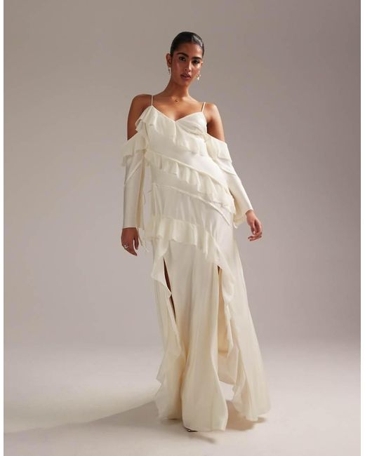 ASOS Natural Satin Chiffon Mix Ruffle Cold Shoulder Maxi Dress