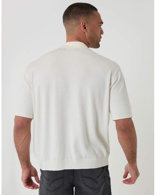 Threadbare White Relaxed Fit Knitted Quarter Zip Polo for men