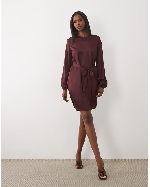 Vila Red Tie Waist Long Sleeve Satin Mini Dress