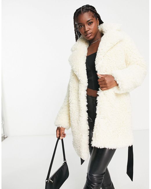 Miss Selfridge Faux Fur Collar And Cuff Dolly Coat in White