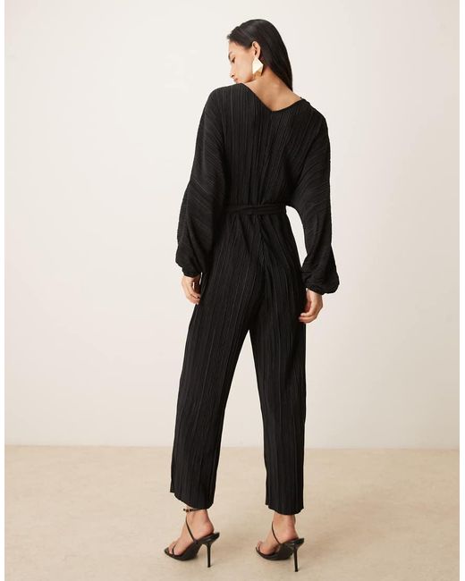 Y.A.S Natural Long Sleeve Tie Waist Plisse Jumpsuit