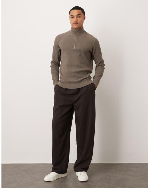 Mango Gray Cotton Mix Ribbed Quarter Zip Sweater for men