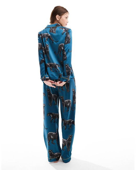Chelsea Peers Blue Satin Panther Print Button Top And Trouser Pyjama Set