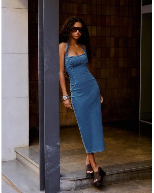 Bershka Blue Denim Midi Dress