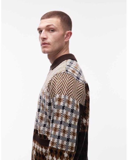 Obey Black Patchwork Button Up Knitted Cardigan And Brown And Beige for men