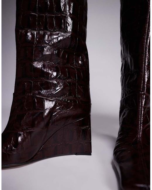 ASOS Black Clarissa Premium Leather Wedge Pull On Boots With Chisel Toe