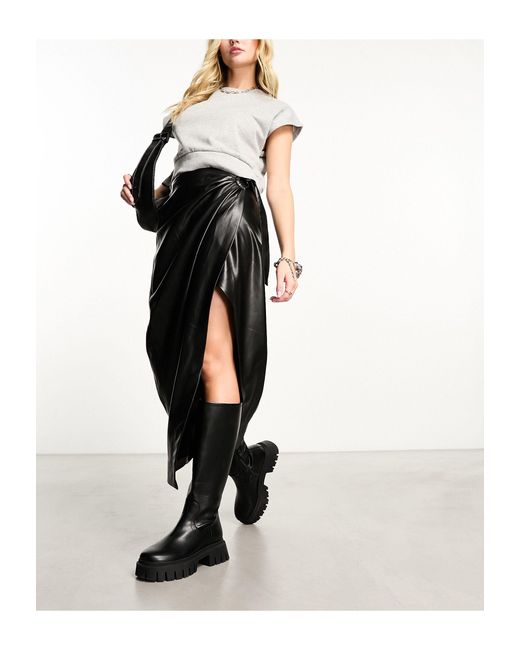 Mango Black Midi Wrap Leather Look Skirt