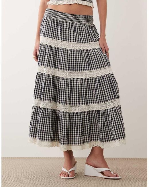 Nobody's Child Gray Leonor Cotton Lace Trim Tiered Maxi Skirt