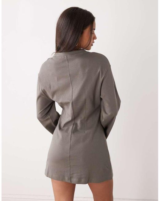 Monki Natural Cinched Waist Long Sleeve Mini Dress