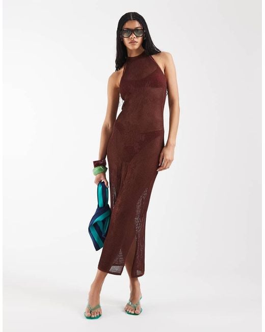 Reclaimed Vintage Red Crochet Floral Halter Neck Maxi Dress
