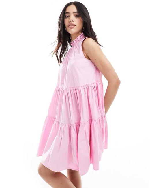 French Connection Pink High Neck Tiered Poplin Mini Dress
