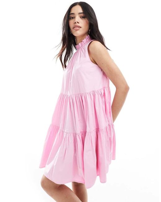 French Connection Hoogsluitende Mini Jurk Met Stroken in het Pink