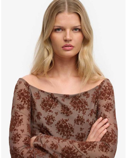 Superdry Brown Flocked Mesh Long Sleeve Top