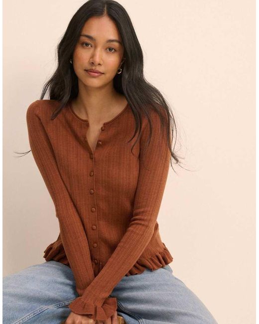Nobody's Child Brown Rib And Ruffle Sheer Knit Cardigan