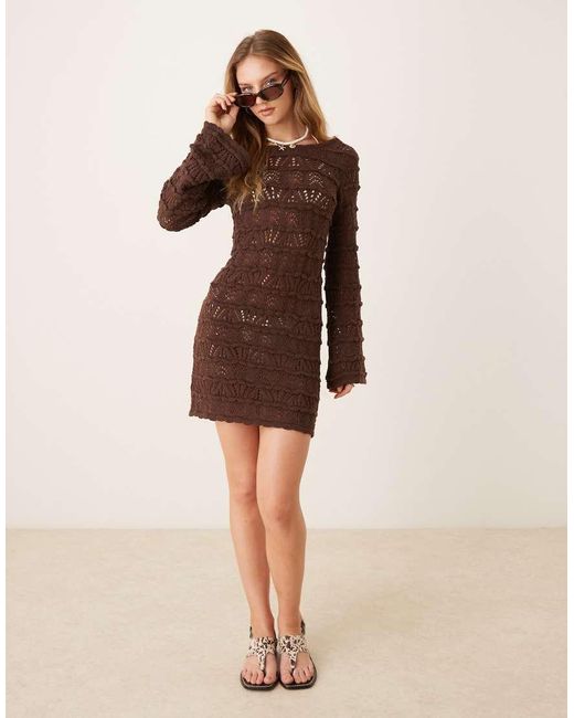 ASOS Brown Knitted Open Stitch Mini Dress With Flared Sleeve