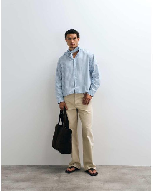ASOS Blue Boxy Oversized Poplin Stripe Shirt With Neck Tie for men