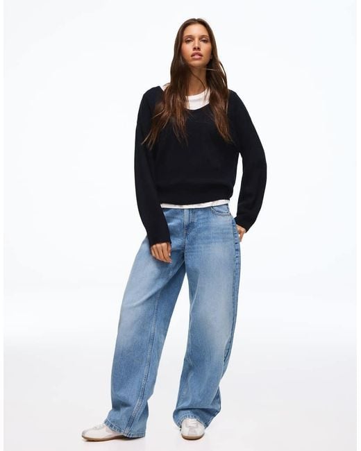 Bershka Blue Oversize V-Neck Jumper