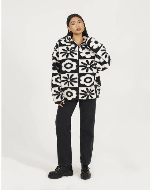 Brave Soul White Graphic Flower Print Zip Through Sherpa Fleece