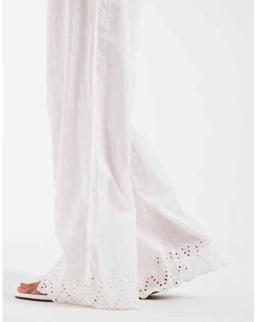 Only Petite White Nly Petite 100% Cotton Pull On Trousers With Embroidery
