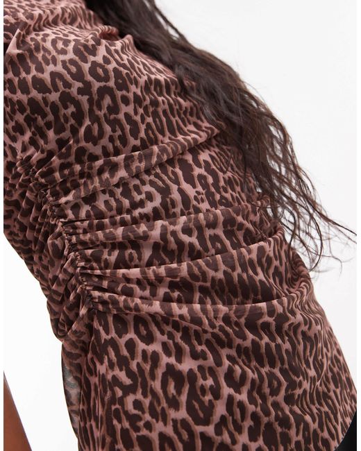 & Other Stories Red Mesh Top With Drape Detail In Leopard Print-brown