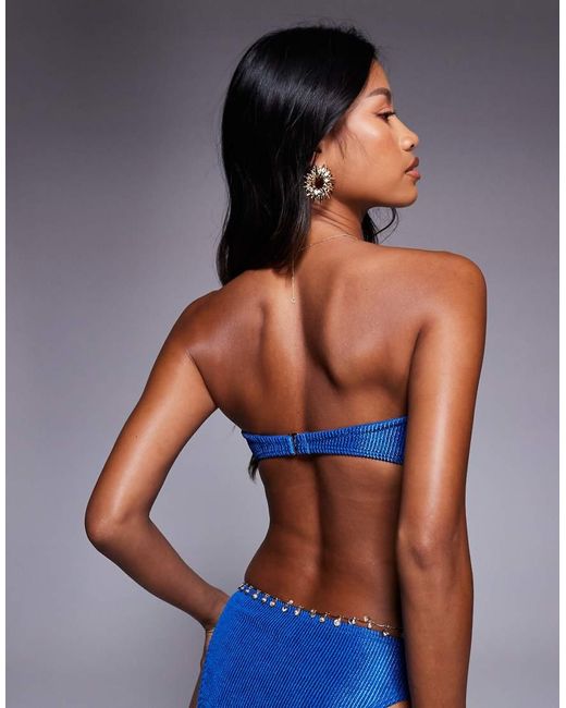 South Beach Blue Crinkle Bandeau Bikini Top With Flower Detail