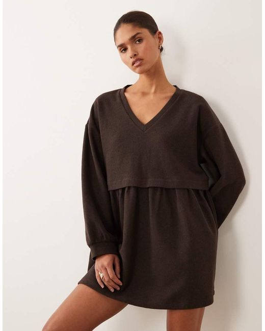Miss Selfridge Brown V-neck Brushed Rib Mini Smock Dress
