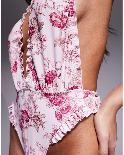 ASOS Gray Flora Frill Plunge Neck Swimsuit
