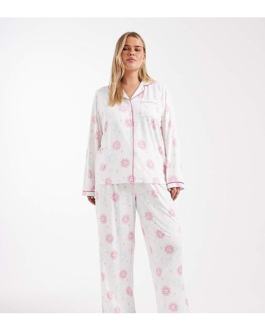 Loungeable White Curve Super Soft Jersey Revere Top And Wide Leg Pyjama Set