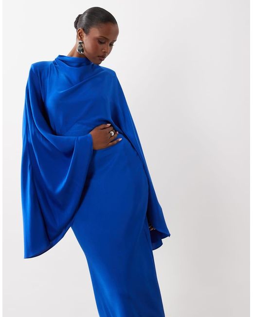 ASOS Blue Funnel Neck Satin Maxi Dress With exaggerated Sleeves