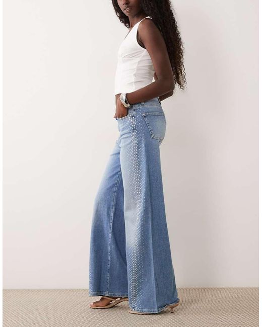 Mango Blue Erin 100% Cotton Wide Leg Jean With Embellished Side