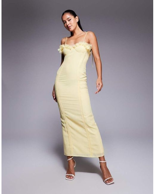 ASOS Yellow 3D Floral Bust Corset Linen Look Midi Dress