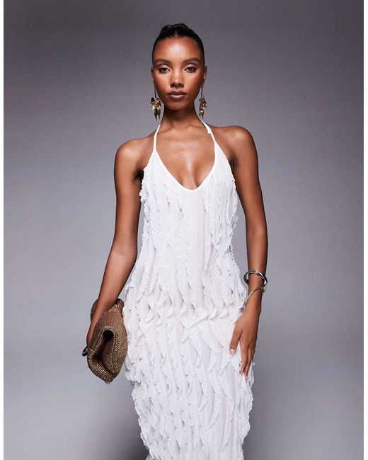 Public Desire White Ruffle Detail Halter Neck Maxi Dress Cream